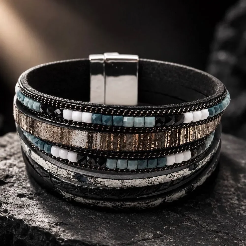 Black & White Multi-Strand Beaded Magnetic Clasp Cuff Bracelet